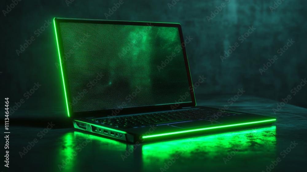 Poster 3d green neon laptop screen dark digital mockup. blank office pc concept front design template on ta