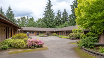 Senior care facility exterior with well-maintained garden and welcoming entrance. Emphasizing comfort and dignity in elderly living environments.