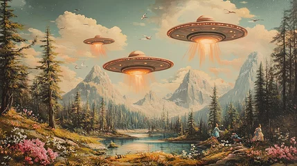 Foto op Canvas UFOs over serene mountain lake landscape. © gedang