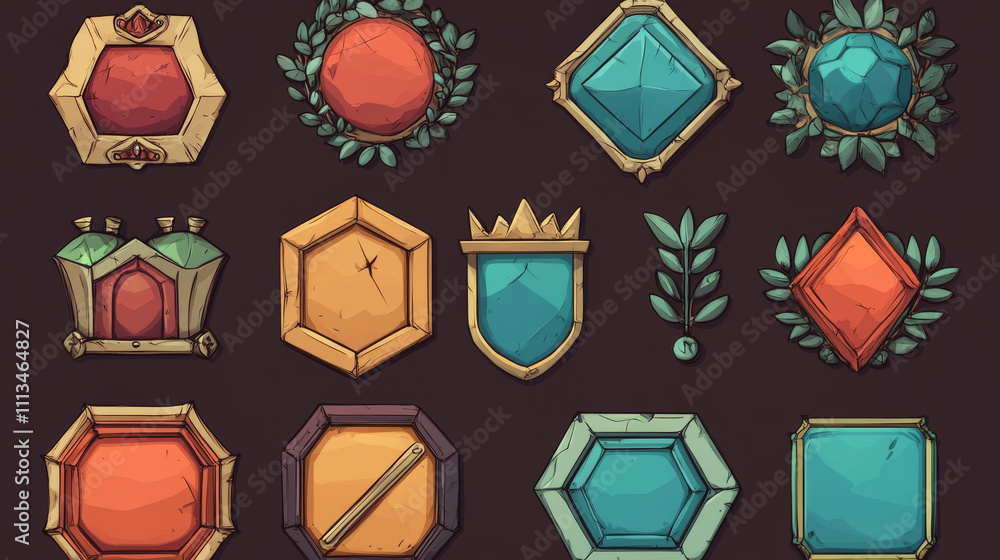 Poster ui game frames, level borders, red textured round, square and hexagon with ornate rims and laurel wr