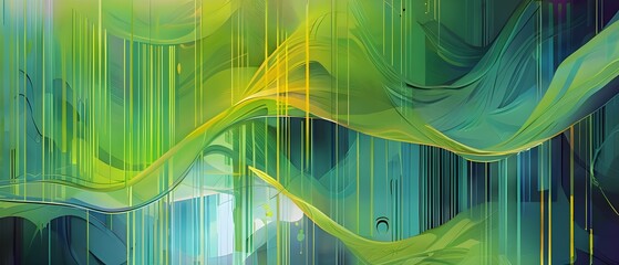 abstract wallpaper illustration, symbolic for artificial intelligence, lines, dots and pattern, vibrant yellow green and blue hues