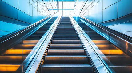 Modern escalator ascending towards bright light in a contemporary building.