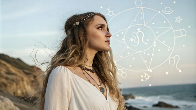 Esoteric depiction of a beautiful maiden with astrological and numerological elements