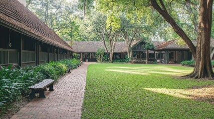 Senior care facility exterior with well-maintained garden and welcoming entrance. Emphasizing comfort and dignity in elderly living environments.