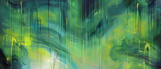 abstract wallpaper illustration, symbolic for artificial intelligence, lines, dots and pattern, vibrant yellow green and blue hues