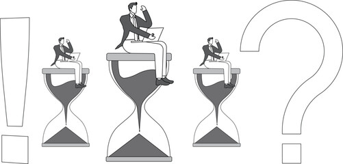 A countdown, a set amount of time to make a decision or solve a problem, and an isometric tangle of businessmen sitting on an hourglass between a question mark and an exclamation point