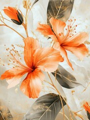 Fototapeta premium Spring floral in watercolor vector background. Luxury wallpaper design with orange flowers, line art, golden texture. Elegant gold blossom flowers illustration suitable for fabric, prints, cover.