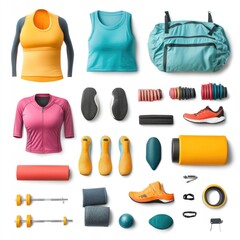 Collection of fitness apparel and equipment for exercise and wellness.