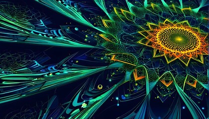 abstract wallpaper illustration, symbolic for artificial intelligence, lines, dots and pattern, vibrant yellow green and blue hues