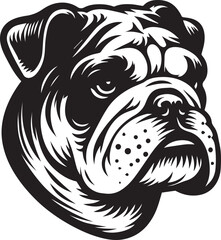 This stylized black and white vector illustration showcases a majestic bulldog, embodying strength, loyality, and resilience. perfect for designs related to pet adoption and urban lifestyle.