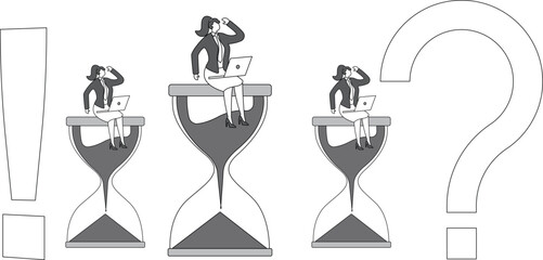 A countdown, a set amount of time to make a decision or solve a problem, and an isometric tangle of businesswomen sitting on an hourglass between a question mark and an exclamation point