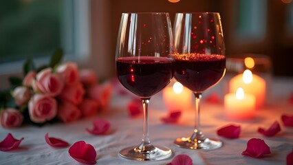 romantic two glasses of red wine on a table, Valentine&rsquo;s Day concept. scattered rose petals, lit candles and a bouquet of pink roses in the background. Ideal for romantic dinners.