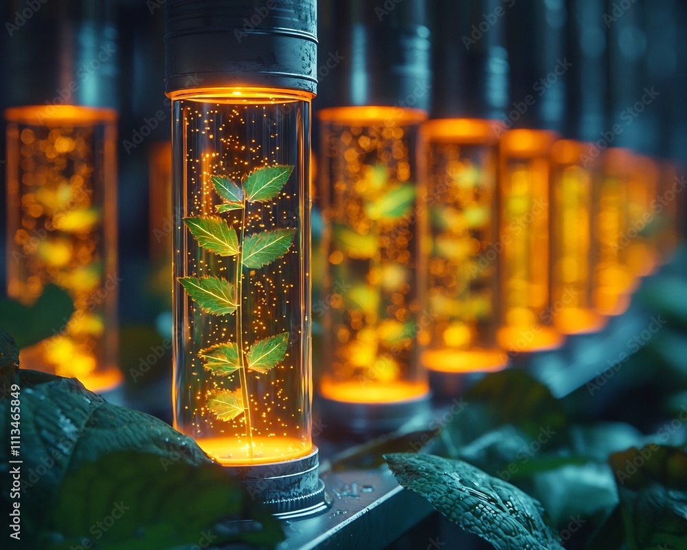 Aufkleber glowing biotech factory with genetically engineered plants and luminescent liquids
