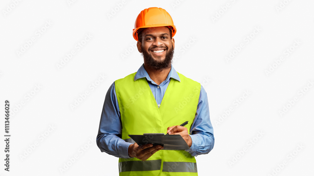 Poster happy construction site worker guy taking notes holding folder smiling to camera standing on white b