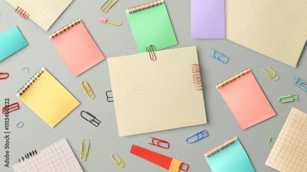Poster paper sheet stacks with sticky notes and clips. vector realistic mockup of notebook pages with patte