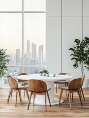 Fototapeta premium White wall panel in eco style dining room with white table, wooden chairs around on parquet and smoky city view. 3D rendering, mockup