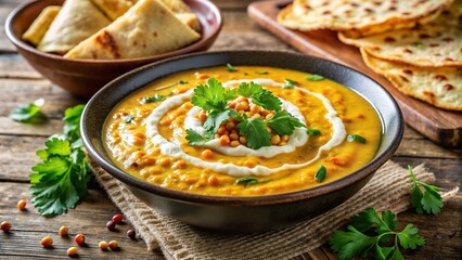 Creamy lentil dal with naan bread and fresh herbs