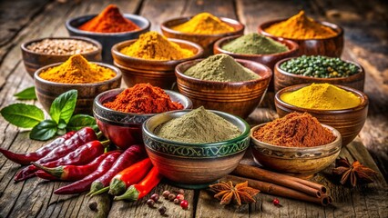 Variety of colorful spices in bowls on rustic table © Nadezhda