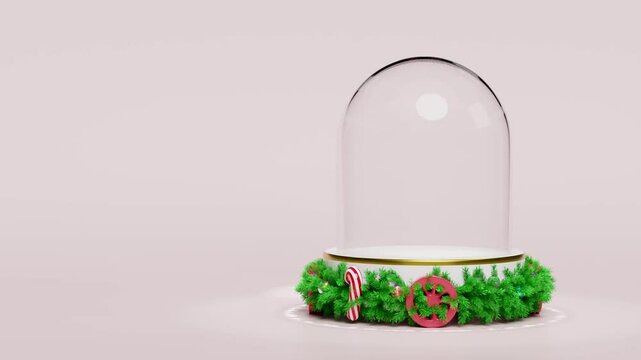 3d snow globe empty with decorated podium on wheels spinning around isolated on pink background. merry christmas, festive new year concept, 3d render illustration, alpha channel