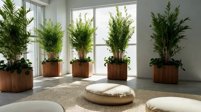 Video footage of bright room with large windows features six tall potted plants in wooden planters and three round beige cushions on a woven rug