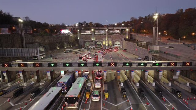 Aerial view of traffic entering The Lincoln Tunnel in New Jersey
