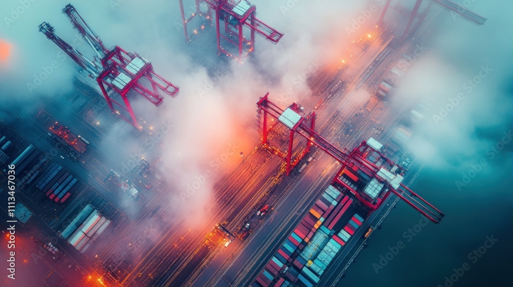 Poster aerial view of a busy container port in fog
