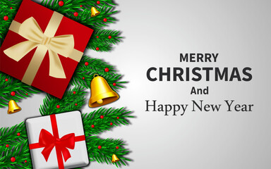 Merry Christmas and happy new year background. Christmas letters, gift boxes, Christmas balls. Christmas element for web, banner, greeting card, template design.