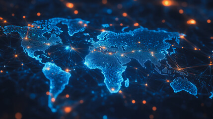 abstract business connection of line from nail node to node on world map background Innovation network points Earth's surface