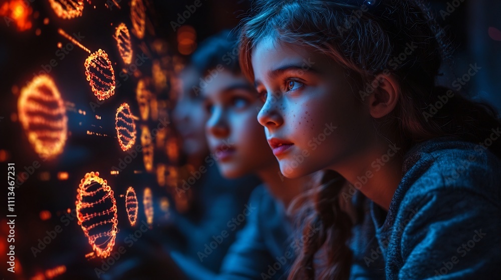 Poster futuristic classroom utilizes augmented reality for genetic editing lessons with holographic dna mod
