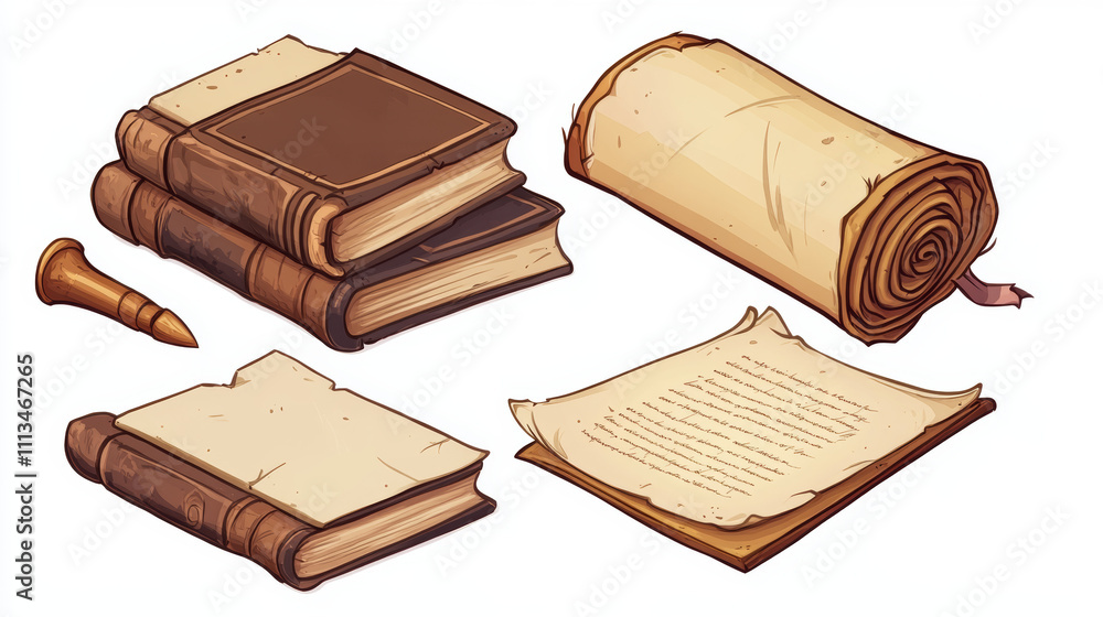 Poster old magic book and parchment scroll icon for game ui design. cartoon vector illustration set of clos