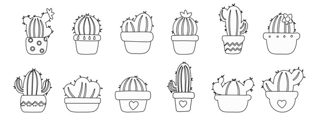 Simple coloring page with cute cactus. Set of potted plants. Contour of houseplants in pots. Silhouettes of domestic plants. Funny cute vector illustration isolated on background.