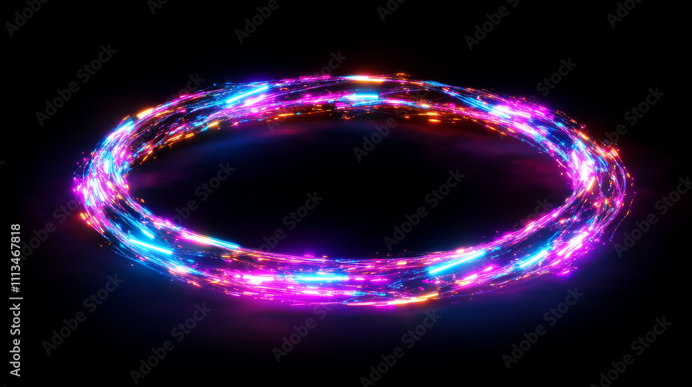 Poster neon glitch effect circle. digital ring frame with cyber light. futuristic broken pixel and noise gr