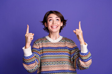 Photo of lovely positive nice woman wear trendy clothes demonstrate empty space news isolated on...