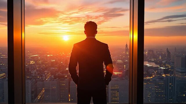  bussines man standing near panoramic windows on the sunset
