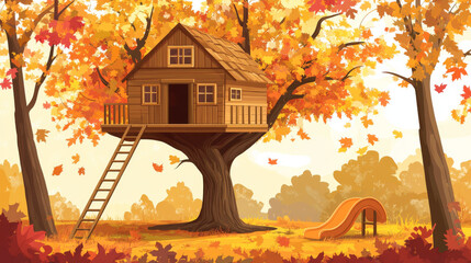 Autumn wood tree house with ladder vector cartoon illustration set. Wooden playground treehouse for children isolated on white background. Kids village playhouse or shelter fall drawing clipart