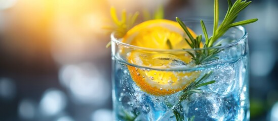 Close-up of a refreshing gin and tonic cocktail with a lemon wedge and rosemary sprig.