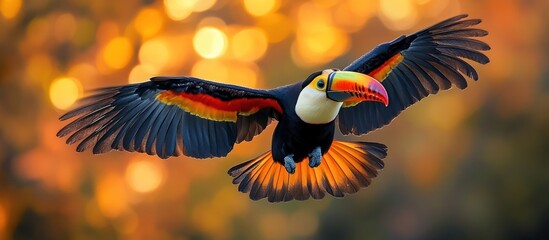 Obraz premium A toucan with a colorful beak in flight against a blurred background.