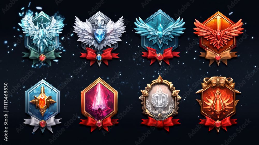 Poster game ice badges with level number. achievement rank emblems, frozen hexagon label of game level with
