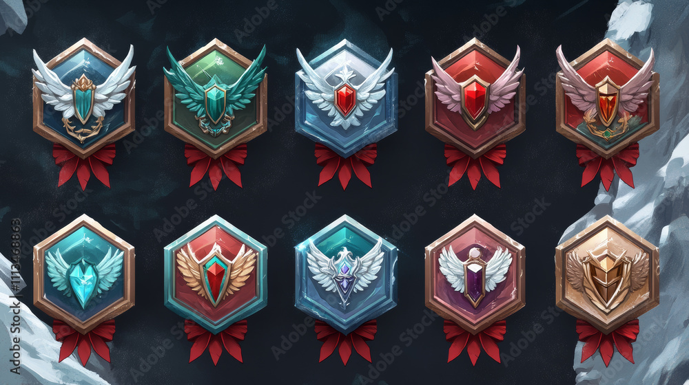 Poster game ice badges with level number. achievement rank emblems, frozen hexagon label of game level with
