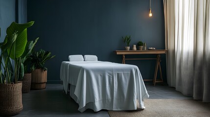 Empty massage room with soft lighting and minimalist decor. Tranquility and relaxation in a serene environment, inviting moments of peace and self-care.