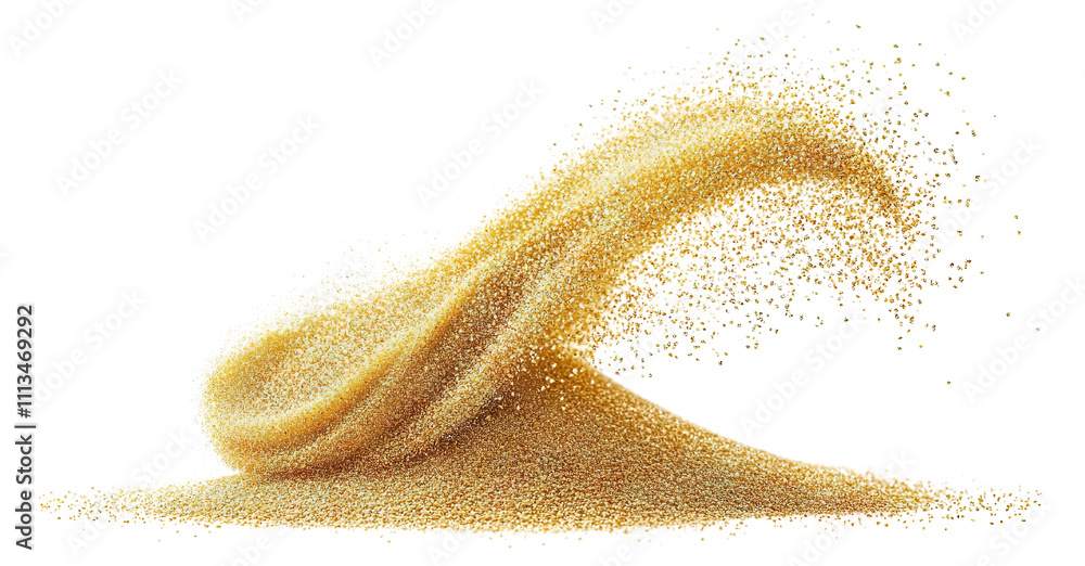 Poster dynamic golden sand particles in motion, forming an elegant arch, isolated on a transparent backgrou