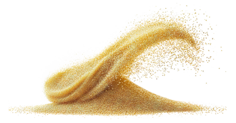 Dynamic golden sand particles in motion, forming an elegant arch, isolated on a transparent background