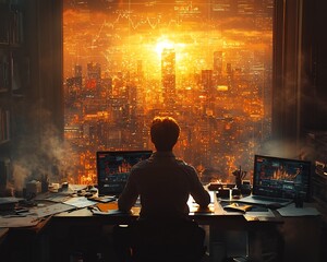 Businessman Overlooking Cityscape at Sunset from High Rise Office Workstation