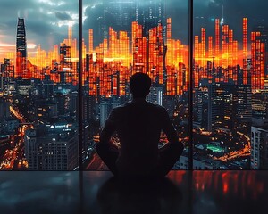 Silhouetted Business Employee Overlooking Dynamic Urban Skyline with Digital Market Projections