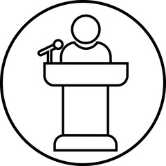 Conference speaker with male icon. Black flat and line vector podium symbol for business meeting with microphone in glyph pictogram designed isolated on transparent background.