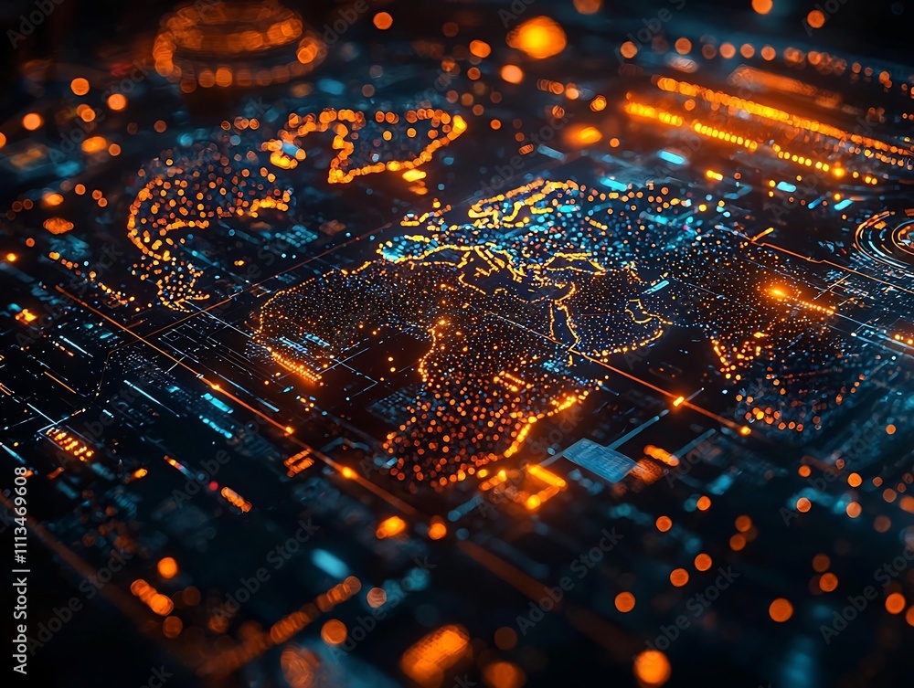 Poster global communication network visualized in virtual reality headset projection