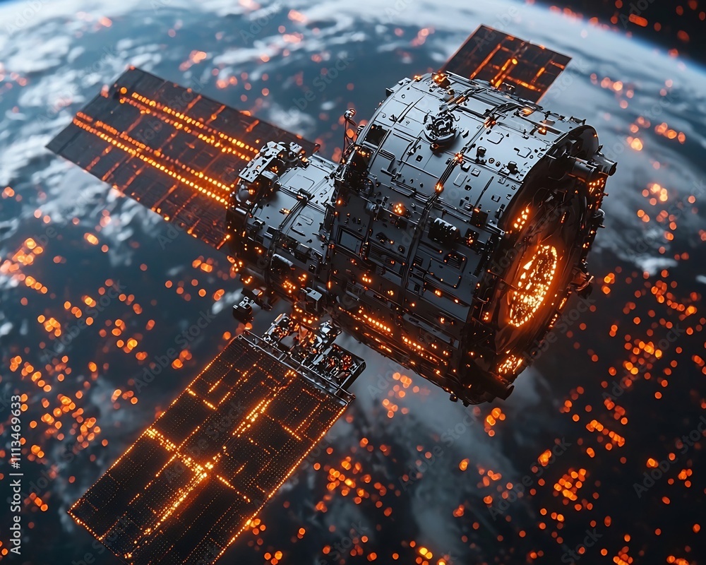 Poster futuristic satellite orbiting earth emitting glowing communication waves linking global networks in 