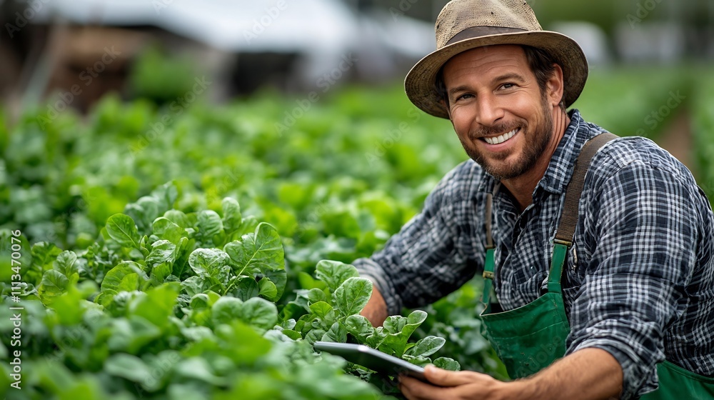 Poster farmer using digital tablet to manage crop growth water usage and soil health with satellite data