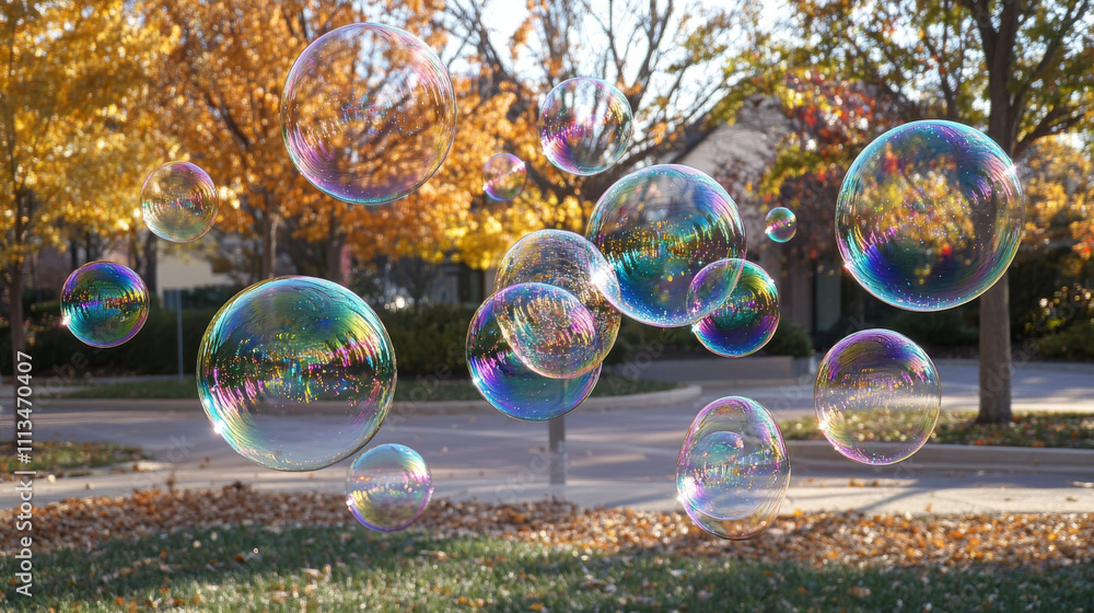 Poster bursting soap bubbles realistic vector, transparent air sphere of rainbow colors with reflections an