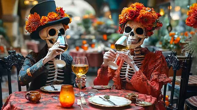 Skeletons couple drinking cocktails in bar. Halloween concept